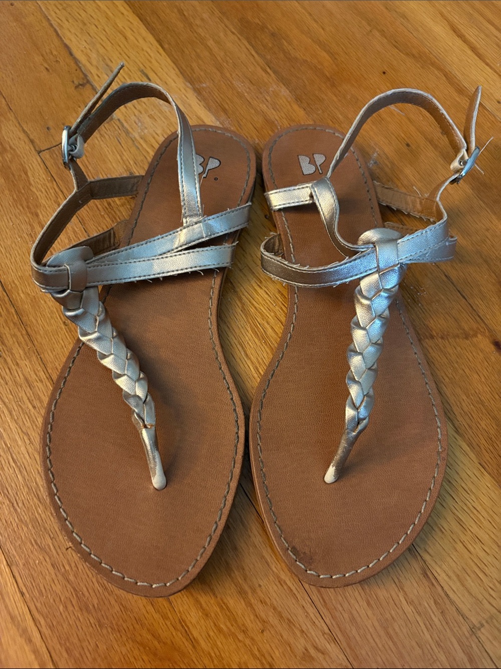 bp Metallic Silver Braided T-Strap Sandals